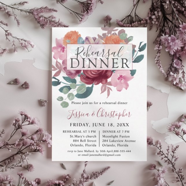 Invitación Cena de ensayo de boda chic burgundy y blush (Subido por el creador)