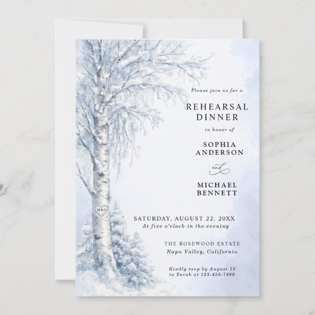 Invitación Cena de ensayo de boda con abedul congelado (Anverso)