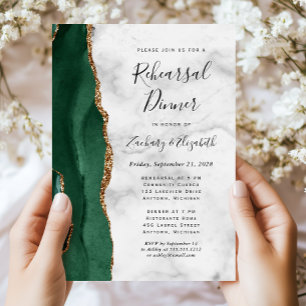 Invitación Cena de ensayo de boda con ágata dorada verde esme