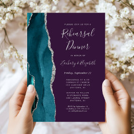 Invitación Cena de ensayo de boda con ágata plateada verde az
