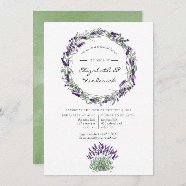 Invitación Cena de ensayo de boda con aquarela de lavanda (Anverso / Reverso)
