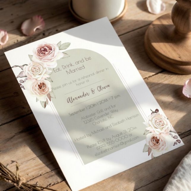 Invitación Cena de Ensayo de Boda con Arco de Rosa Bohemio (Bohemian Rose Arch Wedding Rehearsal Dinner)