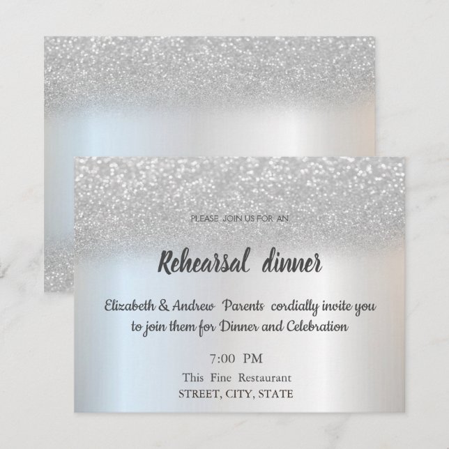 Invitación Cena de ensayo de boda con brillo plateado elegant (Anverso / Reverso)