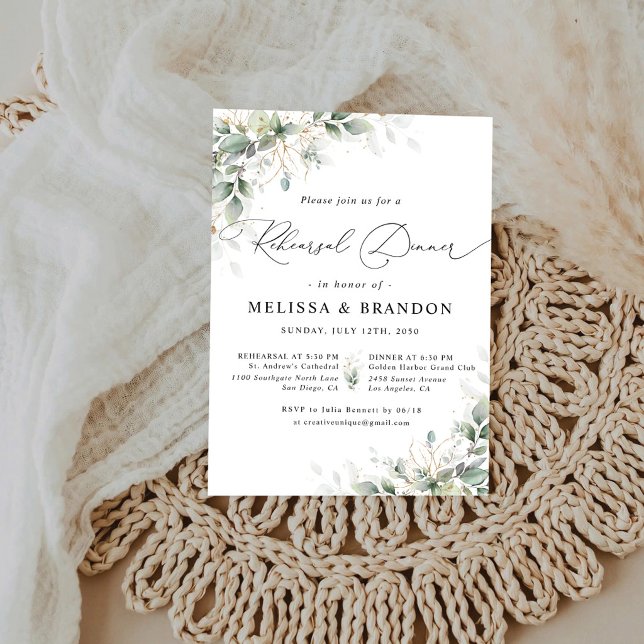 Invitación Cena de Ensayo de Boda con Elegante Eucalipto (Subido por el creador)