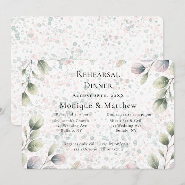 Invitación Cena de ensayo de boda con Eucalipto Pink Blush (Anverso / Reverso)