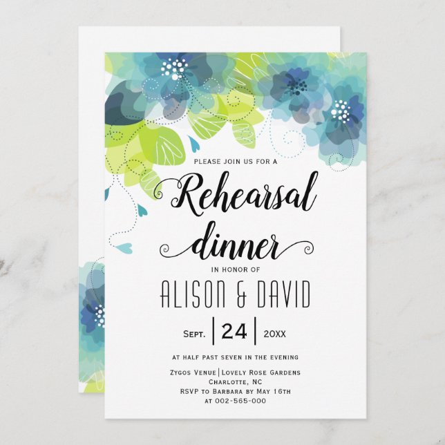 Invitación Cena de ensayo de boda con flores azul turquesa (Anverso / Reverso)