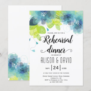 Invitación Cena de ensayo de boda con flores azul turquesa