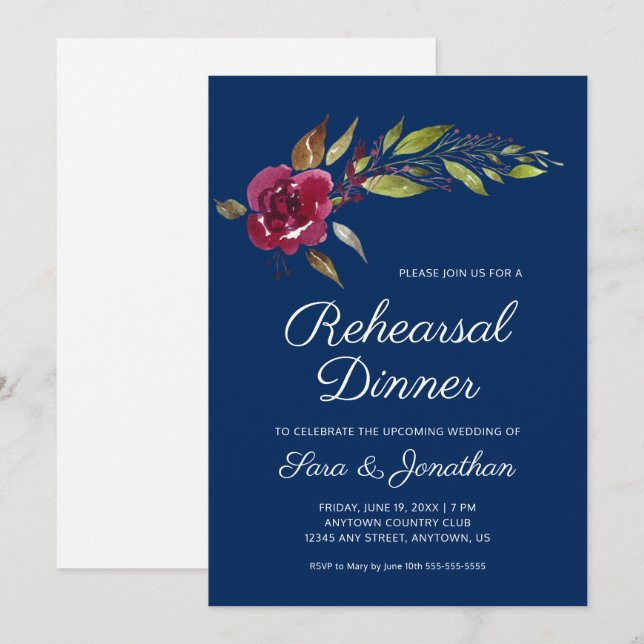 Invitación Cena de Ensayo de Boda con Flores de Borgoña (Anverso / Reverso)