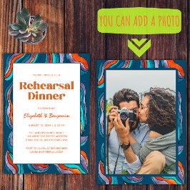 Invitación Cena de Ensayo de Boda con Foto Retro Groovy Azul