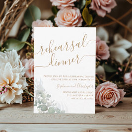 Invitación Cena de ensayo de boda con guion dorado y follaje 