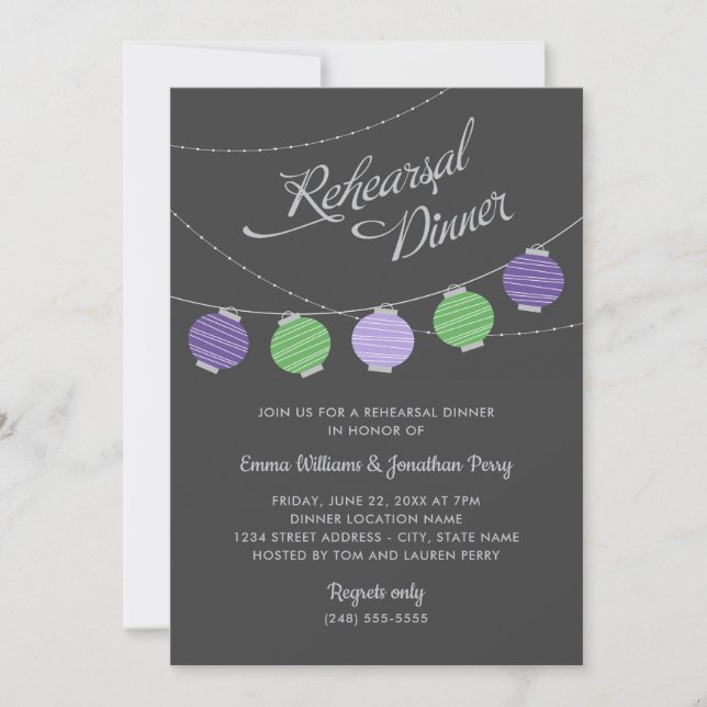 Invitación Cena de ensayo de boda con linterna verde y morada (Anverso)