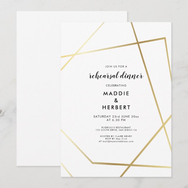 Invitación Cena de ensayo de boda con marco geométrico de oro (Anverso / Reverso)