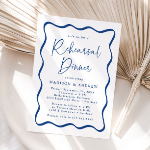 Invitación Cena de Ensayo de Boda con Marco Ondulado Azul Mod