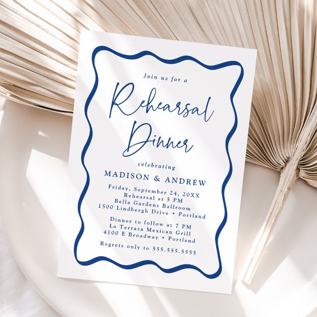 Invitación Cena de Ensayo de Boda con Marco Ondulado Azul Mod (Subido por el creador)