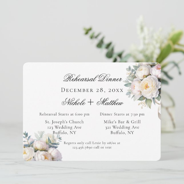 Invitación Cena de ensayo de boda con peonías blancas al acua (Anverso de pie)