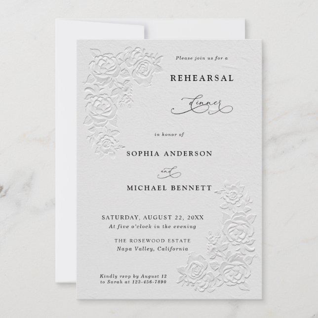 Invitación Cena de ensayo de boda con rosas blancas estampada (Anverso)
