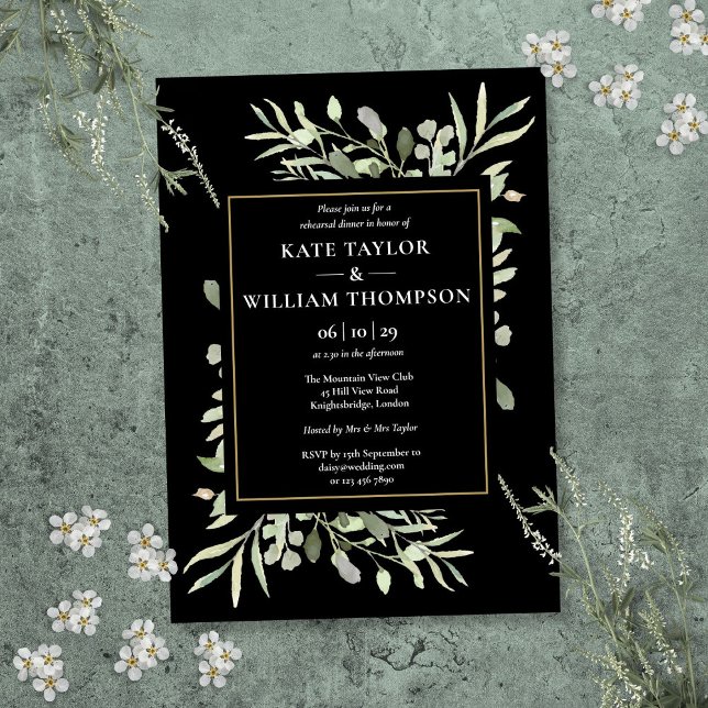 Invitación Cena de ensayo de boda con vegetación en negro y d (Black And Gold Greenery Rehearsal Dinner Invitation)