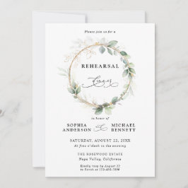 Invitación Cena de Ensayo de Boda con Verde y Dorado