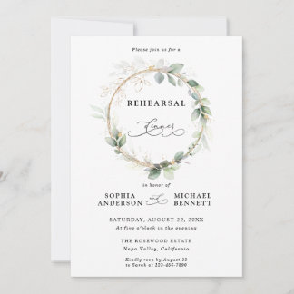 Invitación Cena de Ensayo de Boda con Verde y Dorado