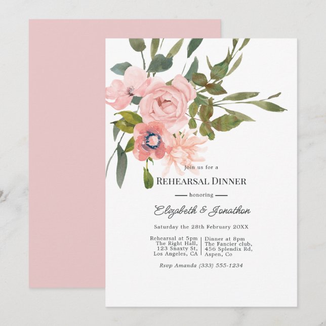 Invitación Cena de ensayo de boda de acuarela rosa rubor (Anverso / Reverso)