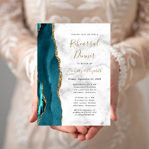 Invitación Cena de ensayo de boda de ágata dorada azul turque
