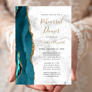 Invitación Cena de ensayo de boda de ágata dorada azul turque