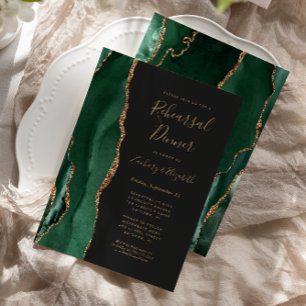 Invitación Cena de ensayo de boda de ágata dorada verde esmer