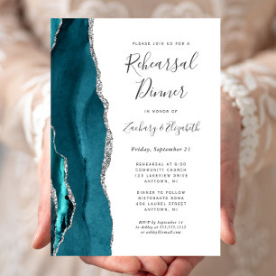 Invitación Cena de Ensayo de Boda de Ágata Plateada Azul Verd