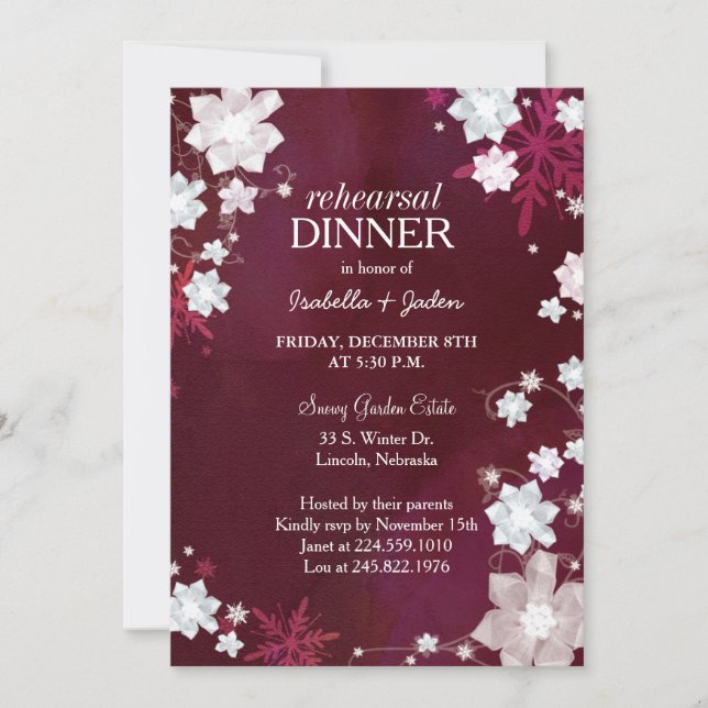 Invitación Cena de ensayo de Boda de Borgoña en invierno (Anverso)
