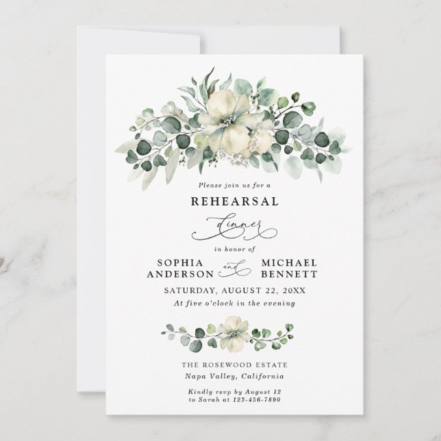 Invitación Cena de ensayo de boda de eucalipto verde (Anverso)