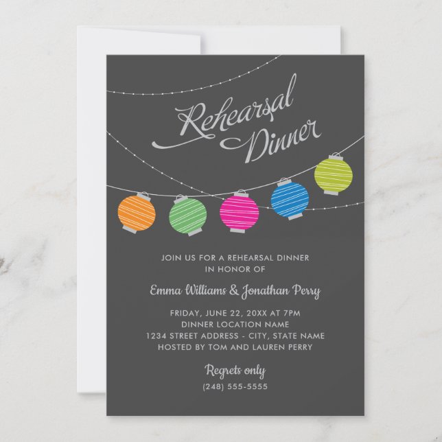 Invitación Cena de ensayo de boda de faroles coloridos (Anverso)