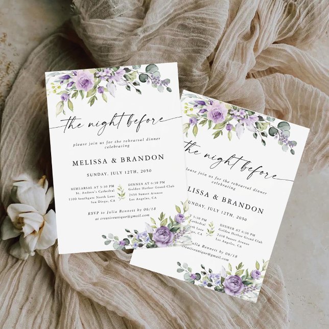 Invitación Cena de Ensayo de Boda de Flor Violeta Romántica (Subido por el creador)