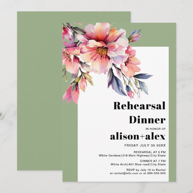 Invitación Cena de ensayo de boda de flores de Rhododendron (Anverso / Reverso)