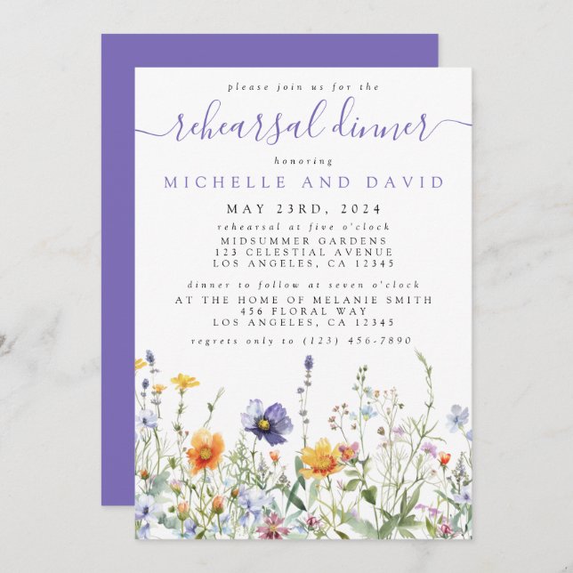 Invitación Cena de ensayo de Boda de flores silvestres (Anverso / Reverso)