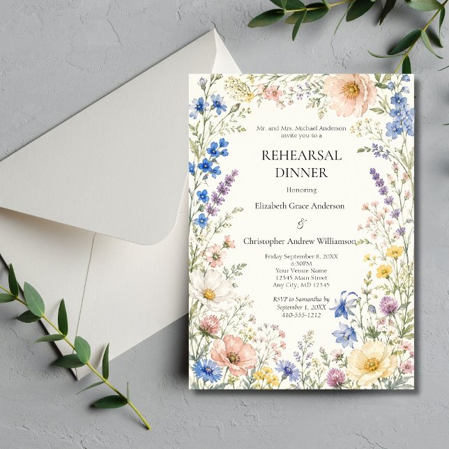 Invitación Cena de ensayo de boda de flores silvestres de pri (Wildflowers Watercolor Florals Spring Summer Wedding Rehearsal Dinner Invitation)