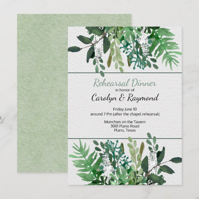 Invitación Cena de ensayo de Boda de follaje verde (Anverso / Reverso)