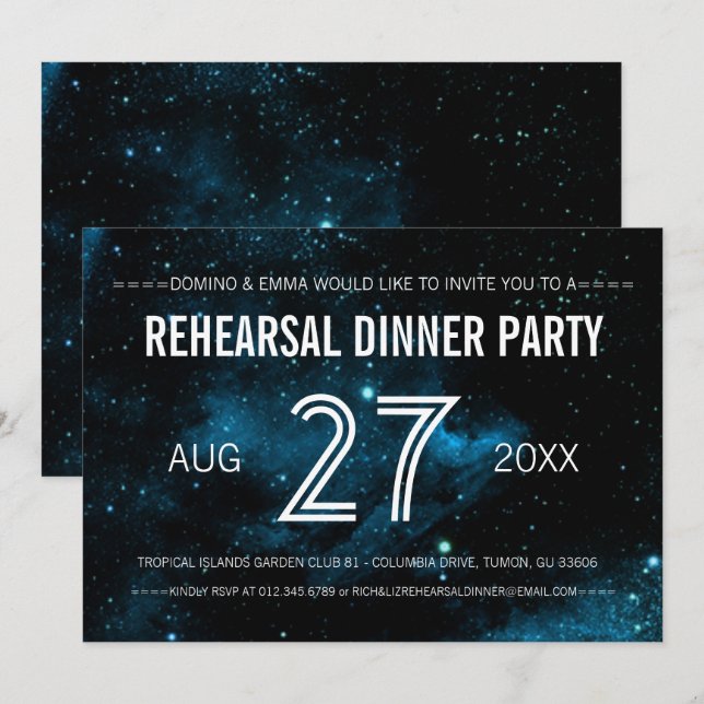 Invitación Cena de ensayo de Boda de galaxia azul (Anverso / Reverso)