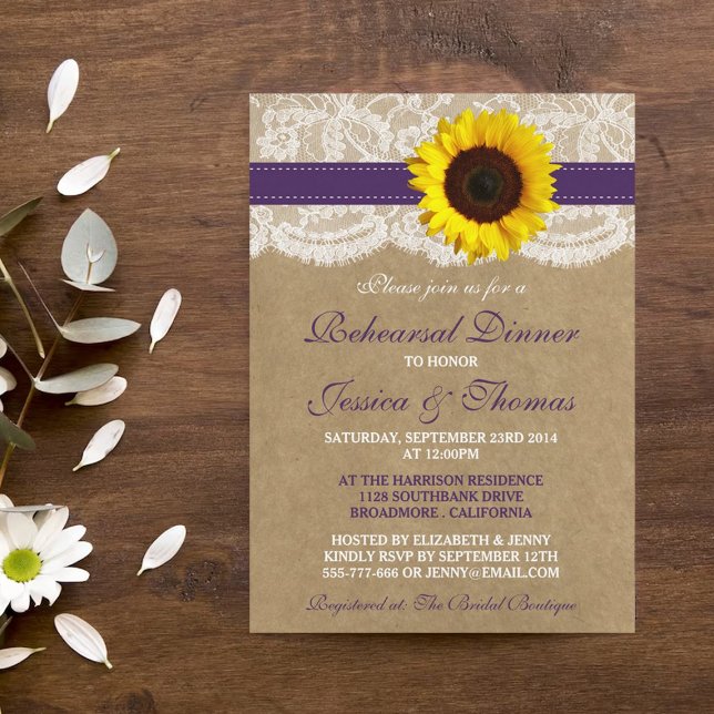 Invitación Cena de ensayo de Boda de girasol ruso - morado (Subido por el creador)