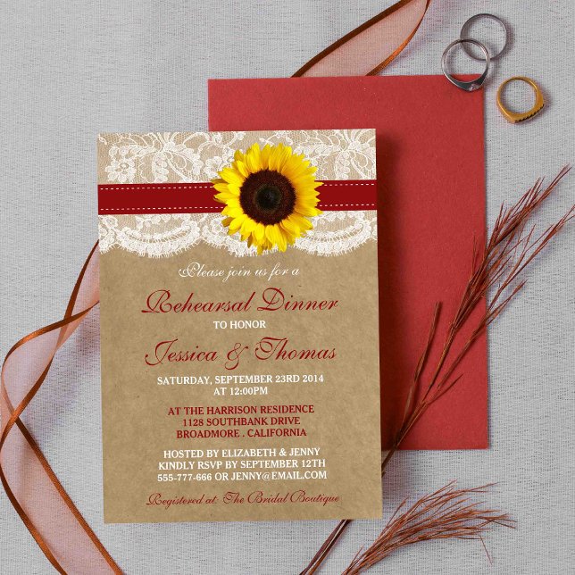 Invitación Cena de ensayo de Boda de girasol ruso - Rojo (Subido por el creador)