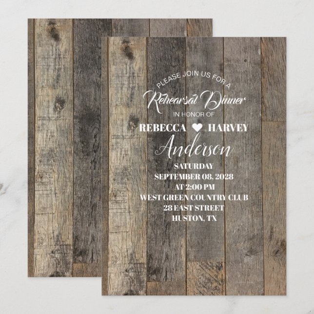 Invitación cena de ensayo de boda de granero de madera de cam (Anverso / Reverso)