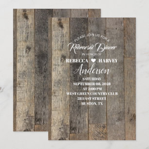 Invitación cena de ensayo de boda de granero de madera de cam