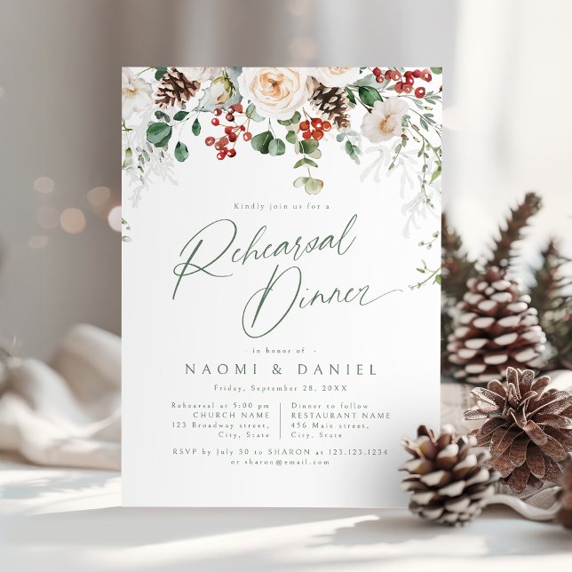 Invitación Cena de ensayo de boda de invierno floral festiva (Festive Floral Winter Wedding Rehearsal Dinner Invitation)