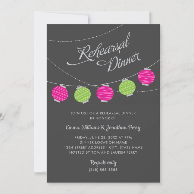 Invitación Cena de ensayo de boda de la Linterna Verde Rosa (Anverso)