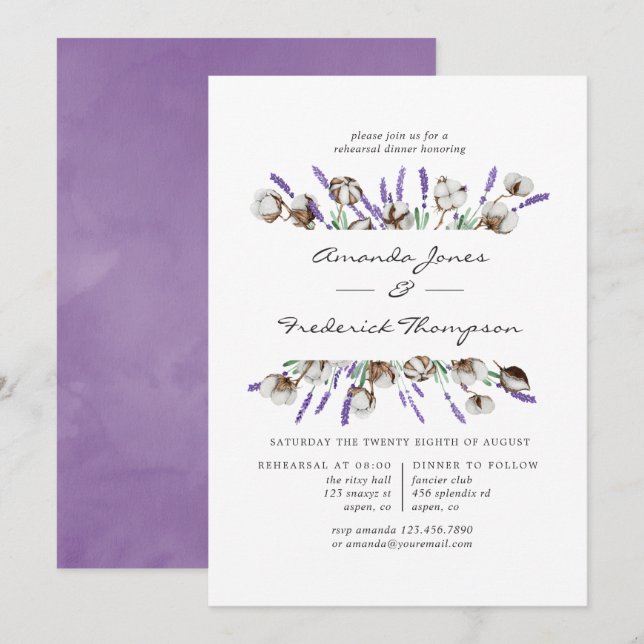 Invitación Cena de ensayo de boda de lavanda y algodón (Anverso / Reverso)