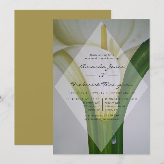 Invitación Cena de ensayo de boda de lirio de Calla (Anverso / Reverso)