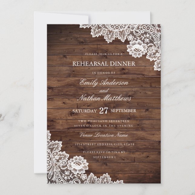 Invitación Cena de ensayo de boda de madera rústica con encaj (Anverso)