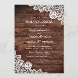 Invitación Cena de ensayo de boda de madera rústica con encaj