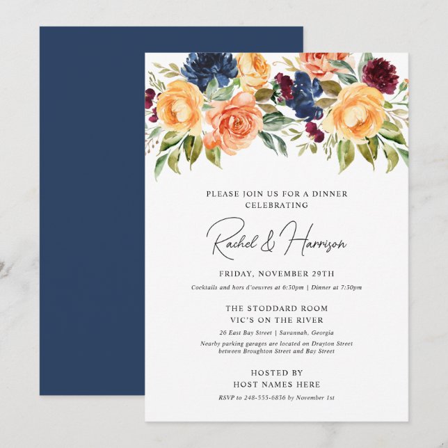 Invitación Cena de ensayo de boda de otoño floral azul marino (Anverso / Reverso)
