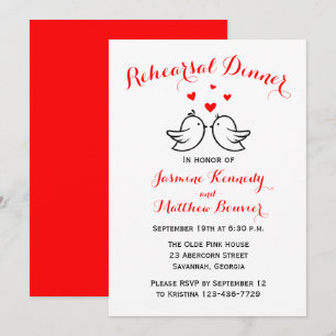 Invitación Cena de Ensayo de Boda de Pájaros de Amor Rojo y B