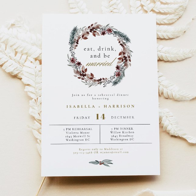 Invitación Cena de ensayo de boda de pino invernal rústico NO (Subido por el creador)